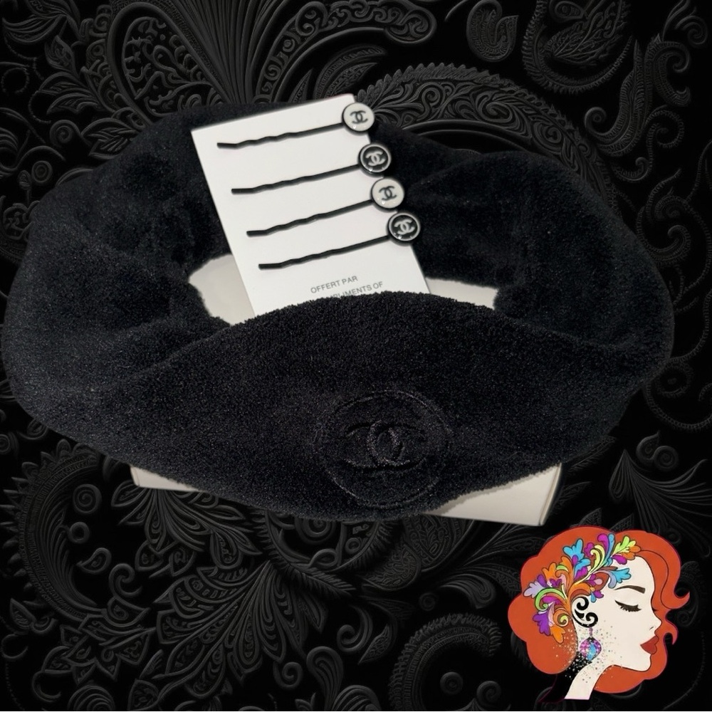 CHANEL Elegant Black Velvet Headband & 4 Hair accessories.